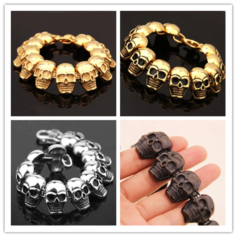 8.66" *26mm Heavy Men Bracelet New 316L Stainless Steel Skulls heads