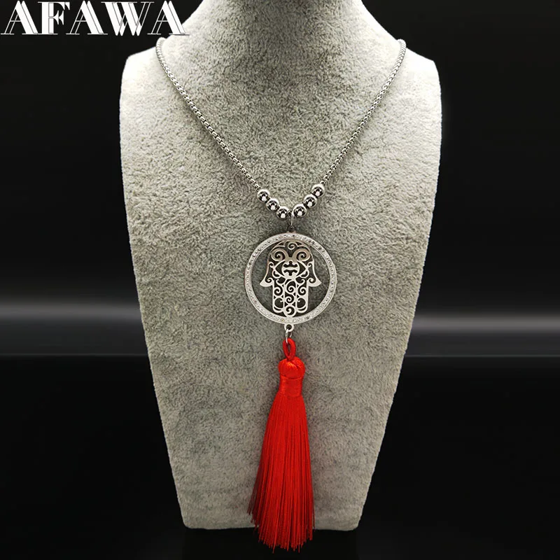 

2019 Muslim Islam Hamsa Hand Tassel Crystal Stainless Steel Necklaces Women Bead Long Chain Necklaces Jewelry Gargantilla N18548