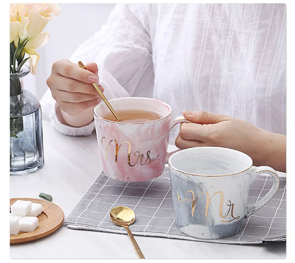 Handpainted Gold Monogram Natural Ceramic Marble Porcelain Tea Cup Mr And Mrs Milk Cup Of Coffee Mugs Creative Wedding Gift (10)