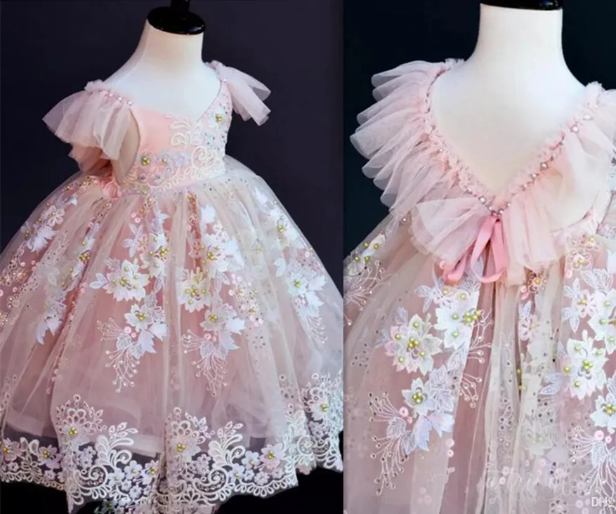 

Luxury Shiny Beading Pearls Pink Fluffy Flower Girls Dresses for Wedding Ankle Length Girl Pageant Dress Ball Gown
