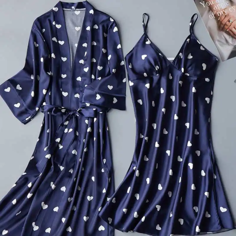 

2PCS Set Sexy Night Dress For Women Deep Sleepwear Lingerie Silk Nightgown Sleeveless Nightdress Nightwear Summer Homewear
