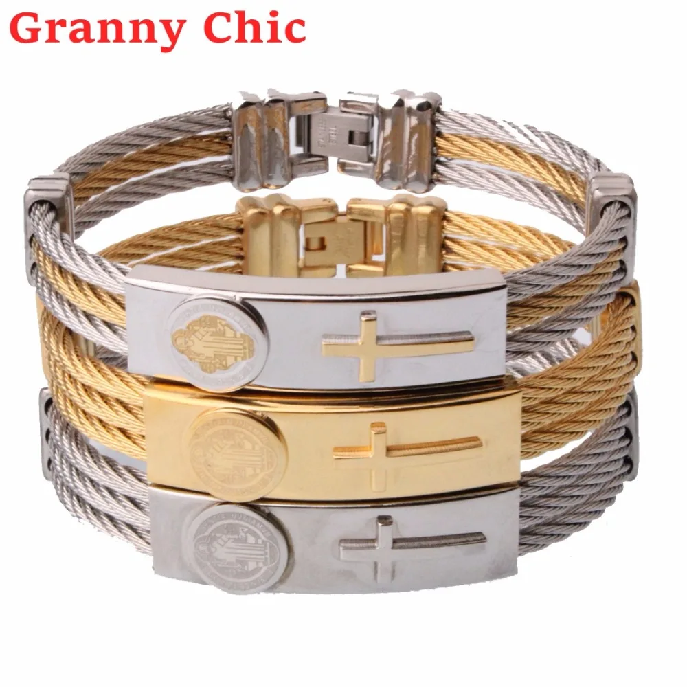 

Granny Chic New Fashion 12mm 316L Stainless Steel Two Tone Wire Twisted Cable ID Cross Cuff Silver Gold Bangle Bracelet for Men