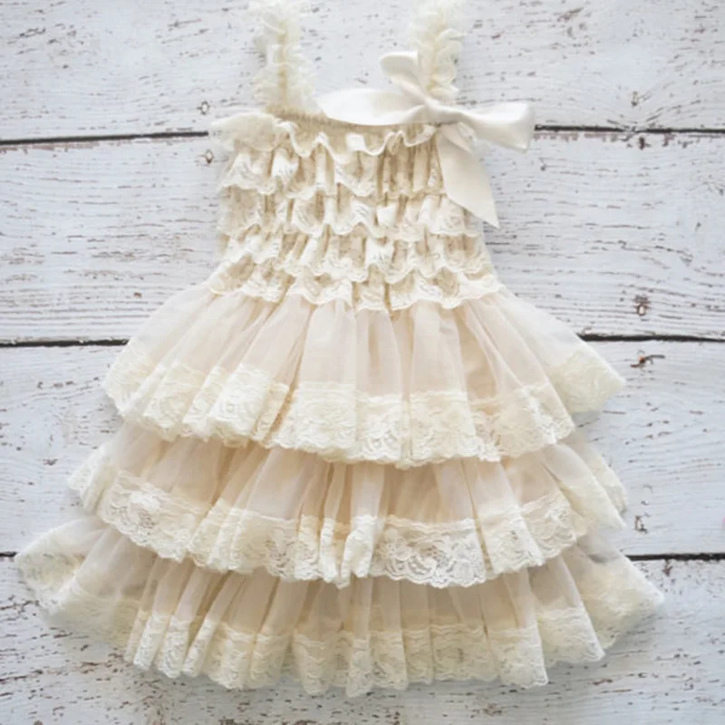 

Little Girls Ivory Lace Ruffles Cake Layers Tutu Dress Kids Fluffy Chiffon Vintage Wedding Tulle Dress with Strap and Ribbon Bow