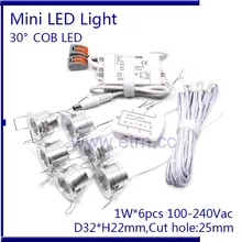 Полный набор потолочного светодиодный мини-прожектор 1 Вт* 6 шт 100-240 В AC IP52 используется для витрины. Лестницы, уголок, потолок в магазинах, Ресторан