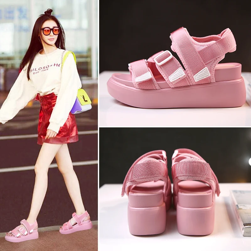 tacchi con plateau sintetica donne rosa da bianco in Fujin estate con nero zoccoli sandali eleganti zeppe pelle donna scarpe peep zeppa toe qSxIx0FwY