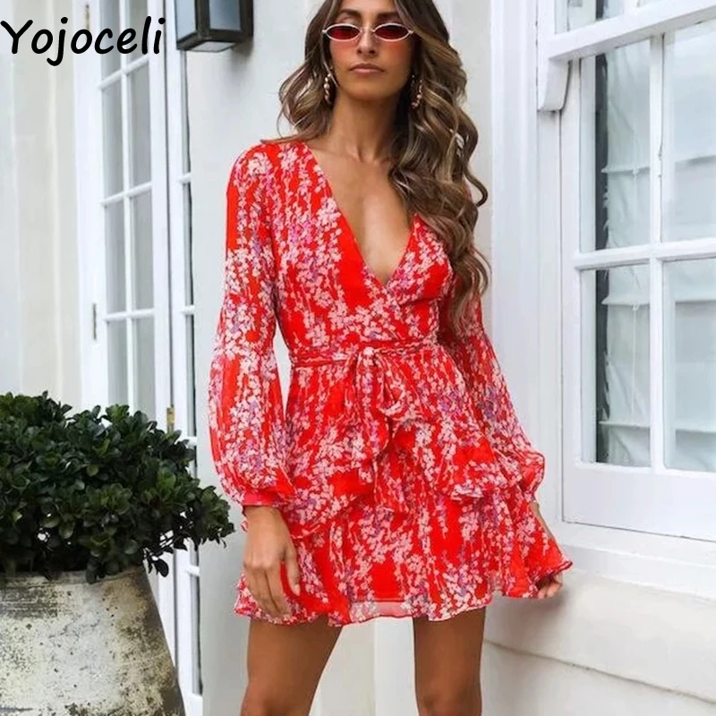 Yojoceli сексуальное короткое шифоновое платье с принтом и рюшами женское осеннее
