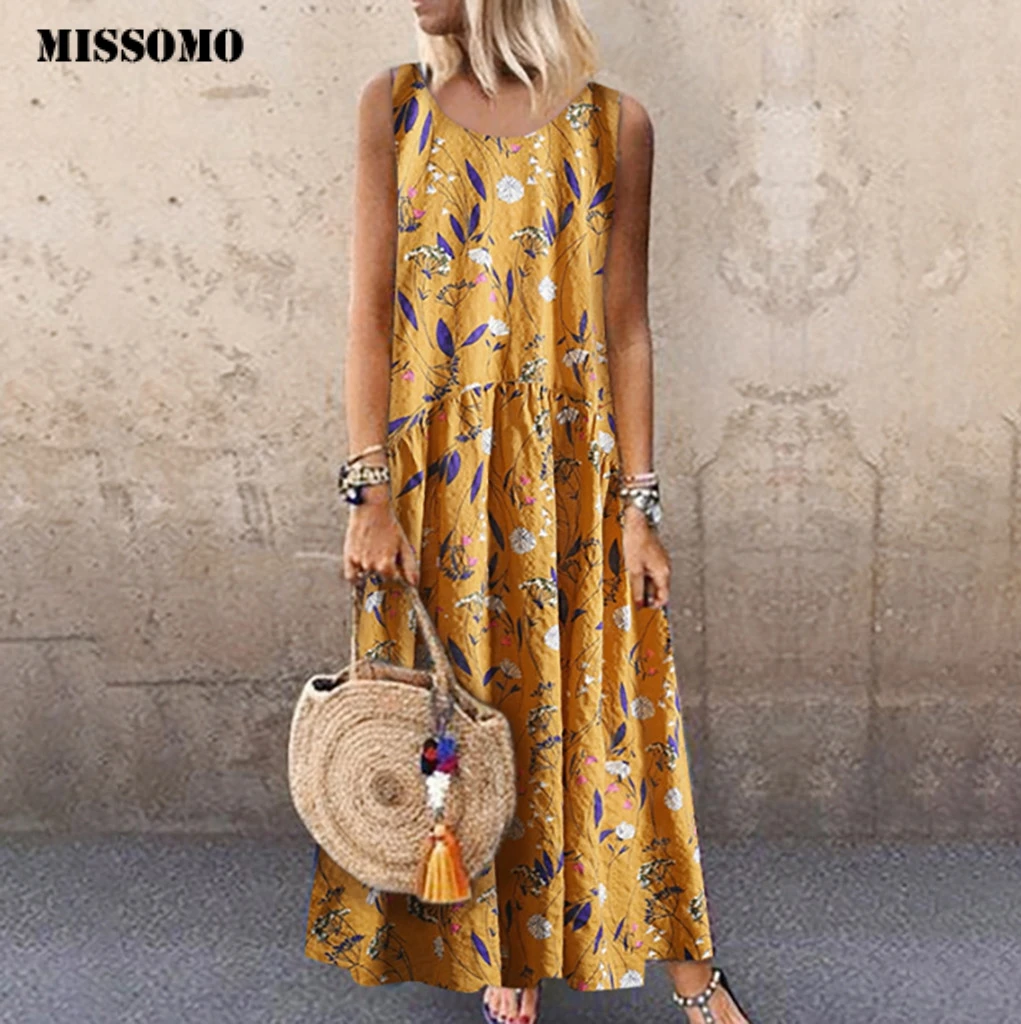 

MISSOMO Dress Women Plus Size Bohemian O-Neck Floral Vintage Sleeveless Long Maxi Dress Beach Casual Tank Vest Vestidos