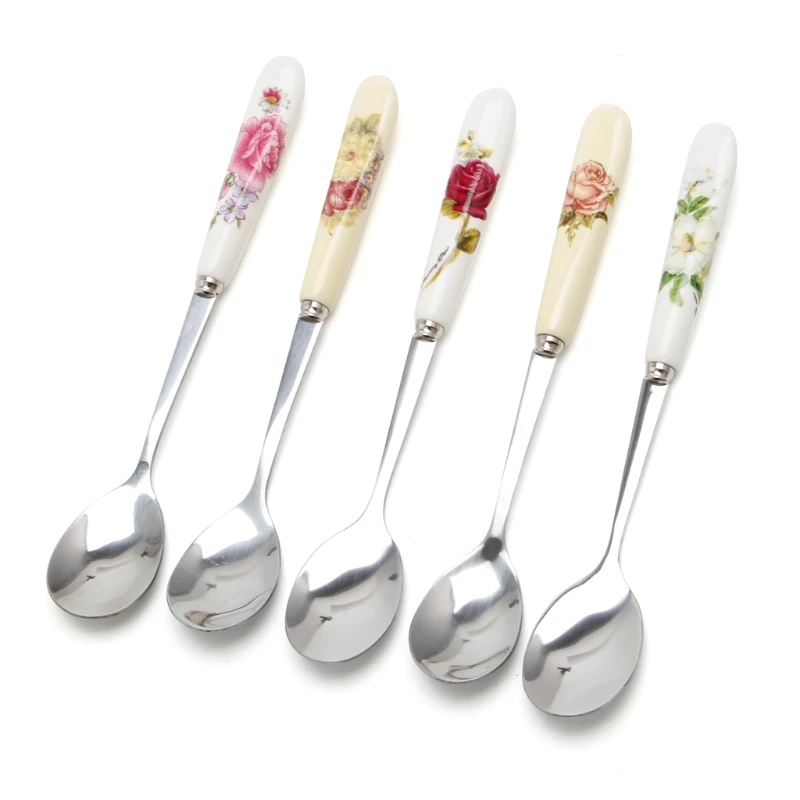 

Ceramic Handle Spoon Stainless Steel Dessert Coffee Spoons Ice Cream Teaspoon