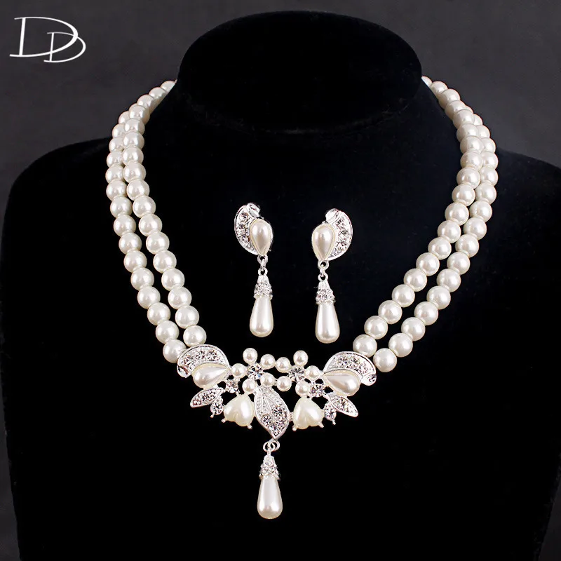 

DODO Elegant Simulated Pearl Jewelry Sets Ladies Necklace Drop Earrings Set AAA Zircon Wedding Accessories Silver Color HD009