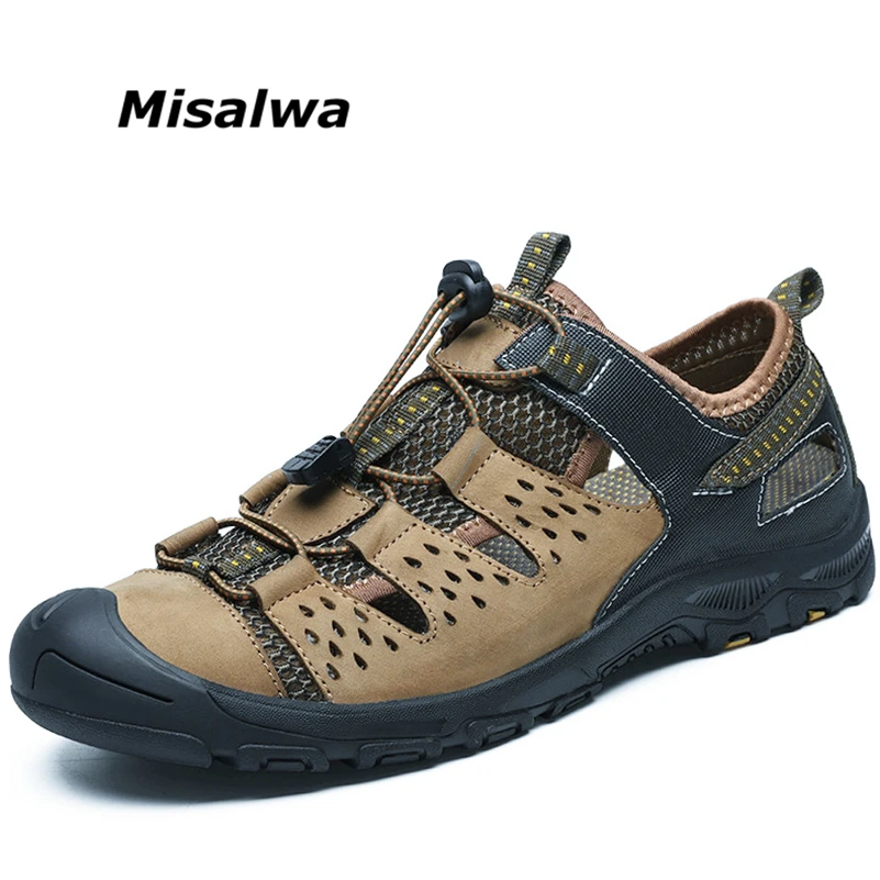 

Misalwa Anti-skid Genuine Leather Summer Men Casual Sandals Mesh Breathable Anti Collision Cap Toe Beach Sandals Men's Shoes