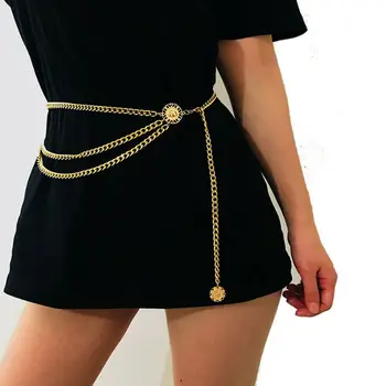 

Hot Sale Women Fashion Aluminum Alloy Metal Belt Hip High Waist Gold Narrow Chain Chunky Fringes Unique Design Noble Accessory