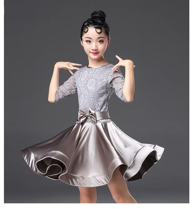 Новинка года; кружевное платье для Бальных и латинских танцев для девочек; ; платье с длинными рукавами для девочек-подростков; платье для латиноамериканских танцев - Цвет: Gray half sleeve