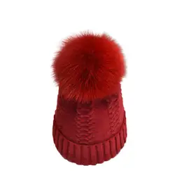 Настоящее Raccon меховой помпон шапки для Для женщин зимняя женская Шапка-бини шерсть вязаный женский Skullies теплый Pom Шапки