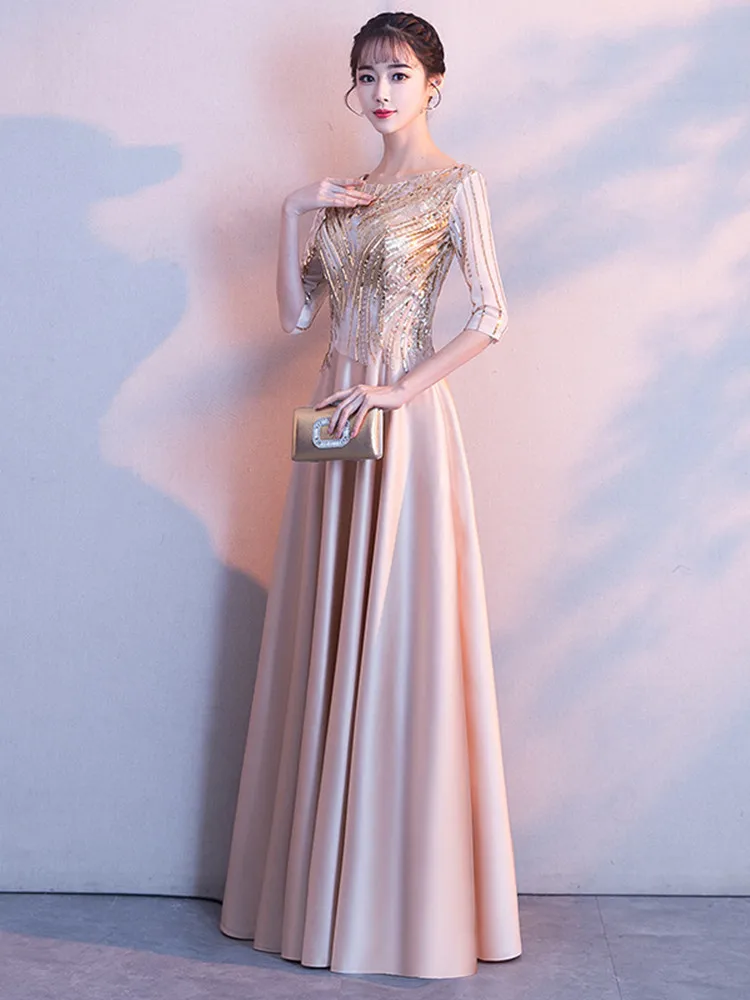 Это YiiYa длинное вечернее платье, элегантное, иллюзионное, блестящее, с О-образным вырезом, торжественное платье цвета шампанского, половина рукава, вечерние платья E029
