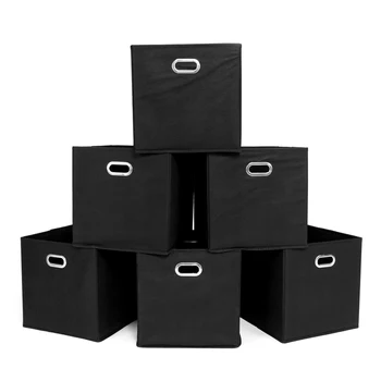 

6 Pcs Cubby Cubes Foldable Fabric Storage Bins Set with Handles Black-US Stock
