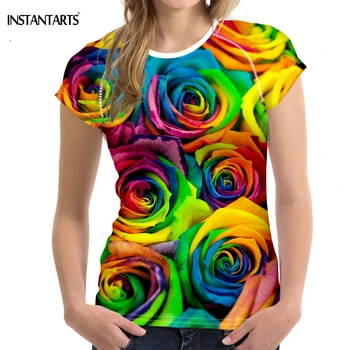 

INSTANTARTS Colorful 3D Rose Floral Print T Shirt Women 2018 New Arrival Summer Short Sleeve Tee Clothing Fashion Casual T-shirt