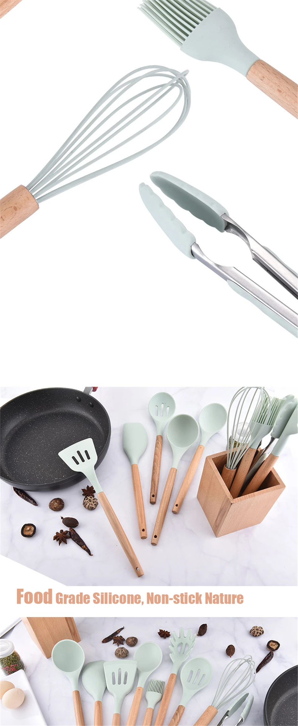 Silicone Non-stick Cooking Tools Kitchen Utensil Kitchenware With Natural Wooden Handle Nonstick Cookware Accessories Supplies