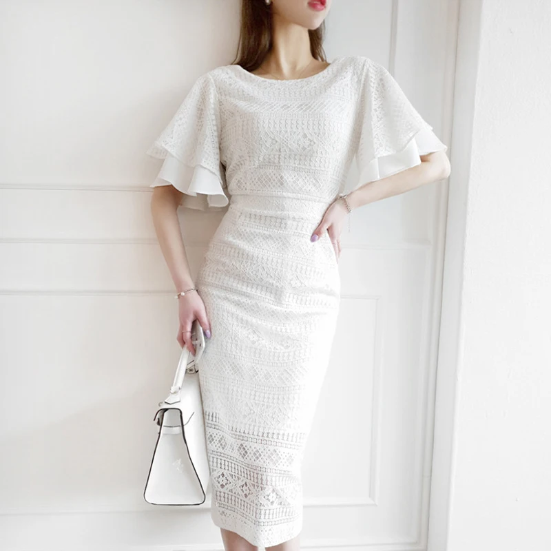 

Fashion women comfortable elegant work style trend lace dress new arrival temperament party vintage slim sexy white pencil dress