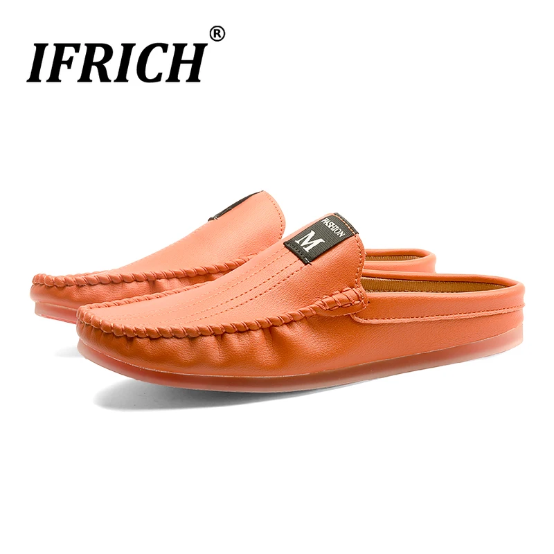 

Summer 2019 Men Pu Leather Shoes Half Drag Slip On Shoes For Mens Designer Casual Men Sneakers Luxury Brand Black Orange Shoes