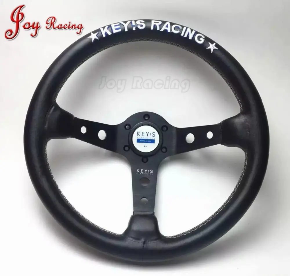 Universal 14inch 350mm Keys Racing Leather Steering Wheel Black Deep
