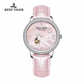 

Reef Tiger/RT Top Brand Luxury Watches Women Pink Dial Genuine Leather Strap Mechanical Analog Waterproof Watch Relogio Feminino