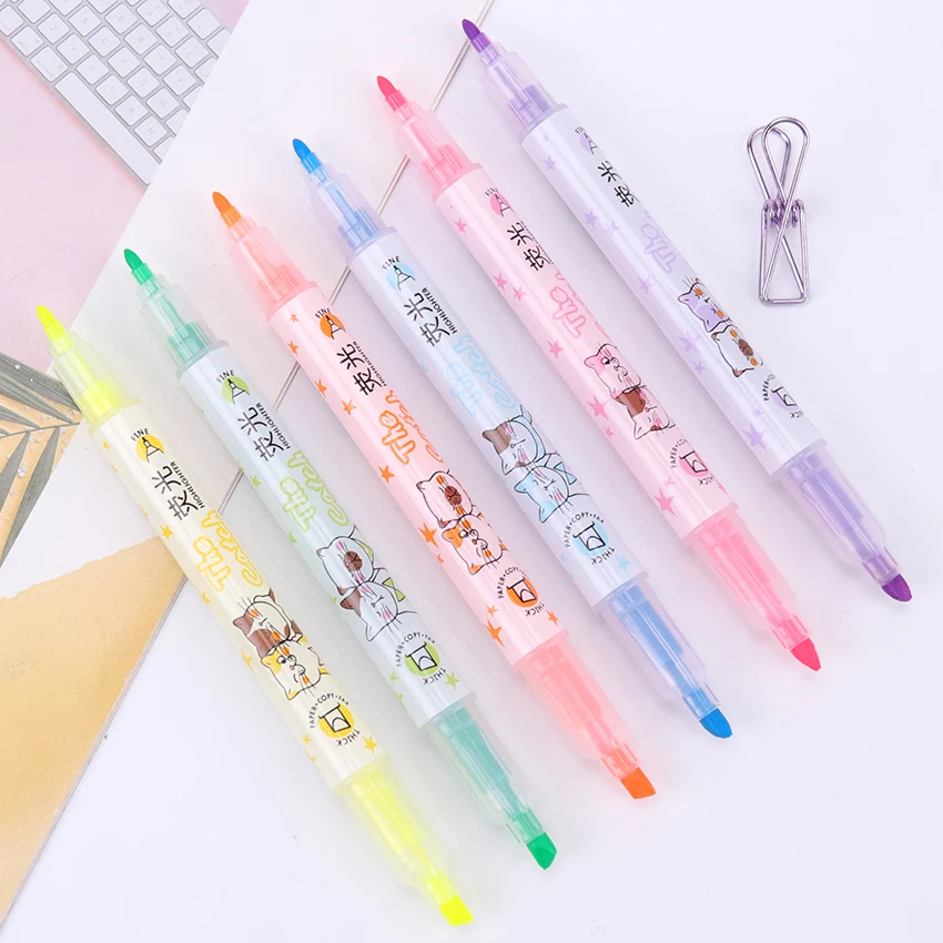 

6PCS/Set Office Stationery Fragrance Double Headed Fluorescent Pen Kids Highlighter Pen Color Mark Pen Cute