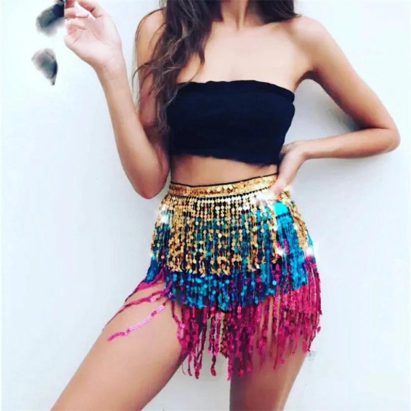 

2019 Sexy Sequins Skirt Tassel Belly Wrap Hip Scarf Dance Dancer Costume Belt Glitter Women Adjustable Waist Party Mini Skirt