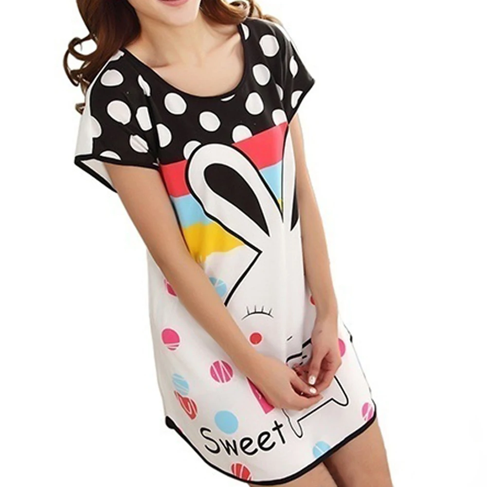 Ночные рубашки для женщин, Длинные пижамы с рисунком для девочек, ночная рубашка из хлопка в горошек с рисунком кролика, ночная рубашка