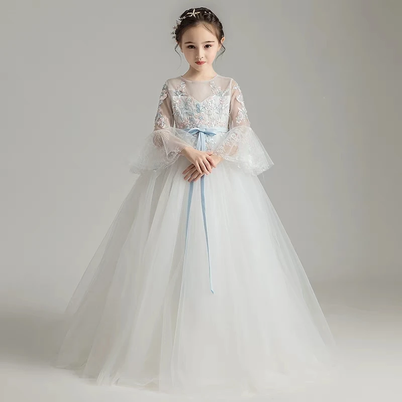Осень-зима Новые Детские малышей длинные расклешенные рукава на день рождения Свадебная вечеринка платье для девочек подростков с вышитыми цветами платье для игры на фортепиано