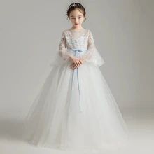 Осень-зима Новые Детские малышей длинные расклешенные рукава на день рождения Свадебная вечеринка платье для девочек подростков с вышитыми цветами платье для игры на фортепиано