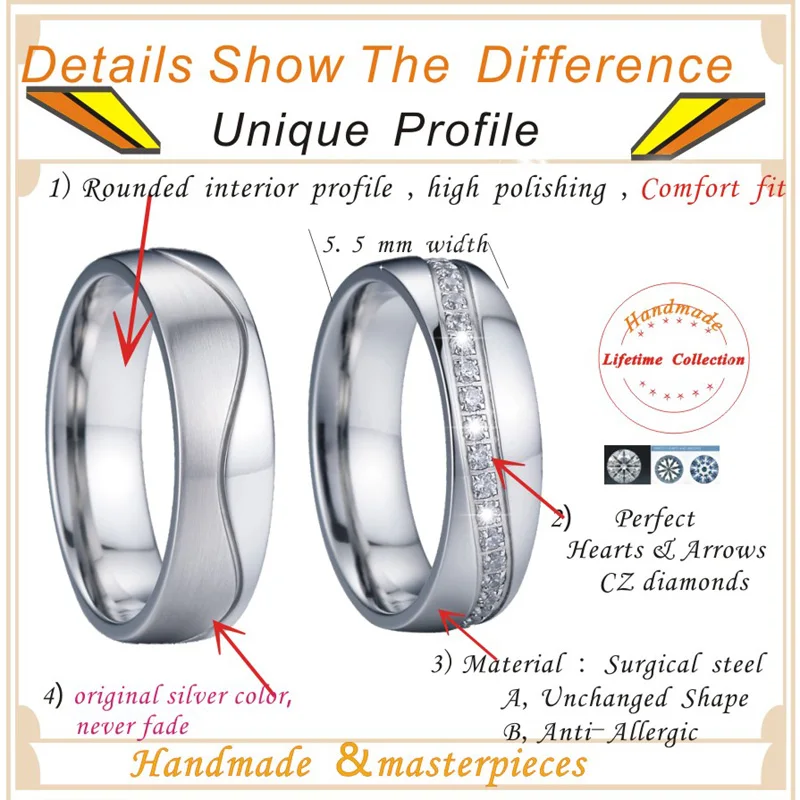 Cubic Zirconia Wedding Band Engagement Rings Never Fade Super Nice Men Silver Color Promise Couple Rings for women