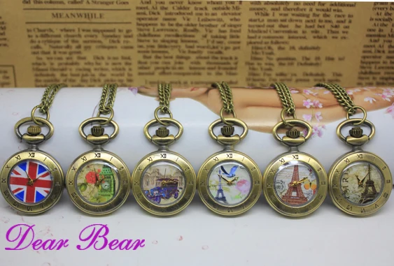 

(3046) Vintage Bronze UK Flag The Eiffel Tower Big Ben Pocket Watch Necklace, Dia 2.7.cm, 12pcs/lot, Free shipping