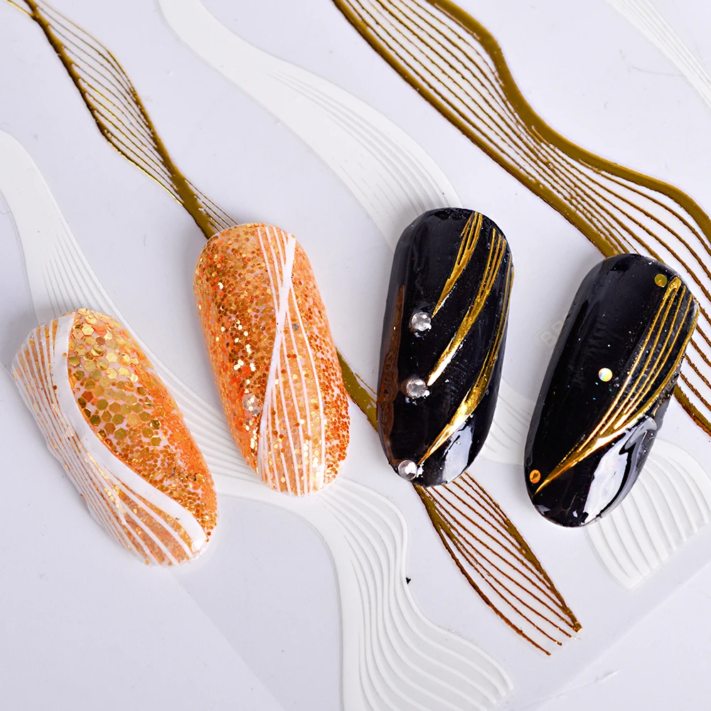 

1Sheet Adhesive 3d Nail Art Stickers Gold Black Metal Nail Sticker 3D Wave Design Decals Manicure Decor Nail Accessories LABP249
