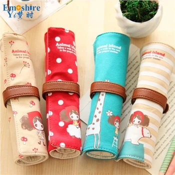 

Cute Kawaii Cartoon Canvas Roll Pencil Case Lovely Pen Bag School Supplies Pencil Case for Girl Stationery B134