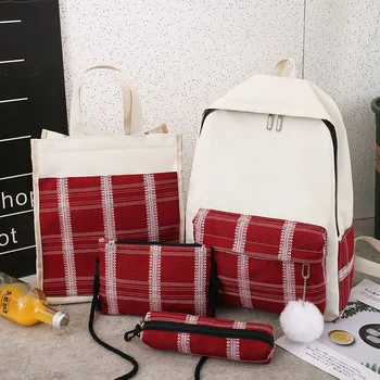 

Backpack Women 4Pcs Plaid Canvas Shoulder Pencil Case Package mochila mujer sac a dos femme sac bandouliere femme bolso mujer