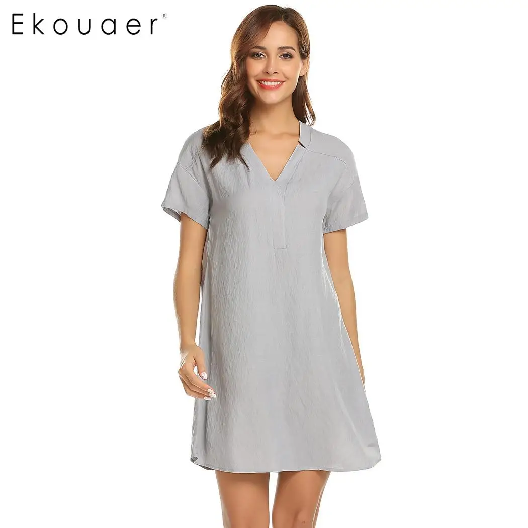 

Ekouaer Women Nightwear Dress Casual Short Sleeve Split V-Neck Collar Solid Sleepwear Chemise Sleepshirt Soft Loose Home Clothes