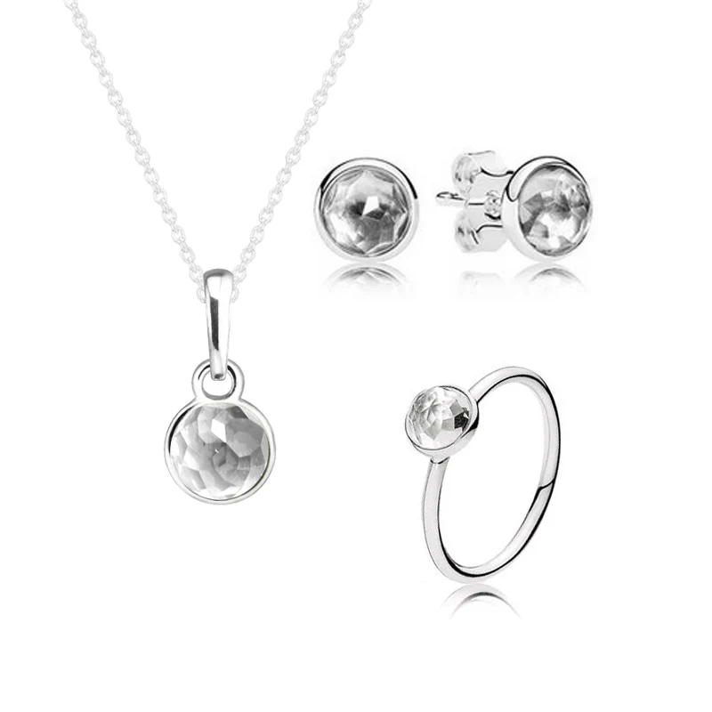

Ring Necklace Earrings 100% 925 Sterling Silver April Droplet Rock Stone Jewelry Set for Women Gift free shipping PFS5064