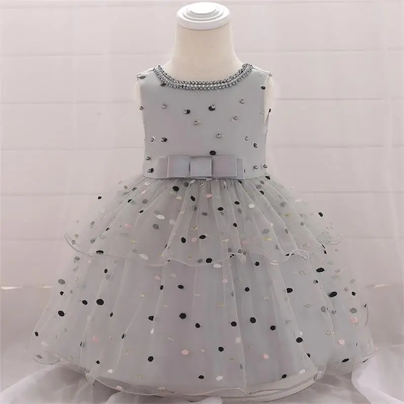 Коллекция года, летняя одежда платье для крещения Свадебные платья для маленьких девочек платье для первого дня рождения для девочек вечерние платья принцессы в горошек с бисером для детей возрастом 6, 3, 9 месяцев - Цвет: Gray