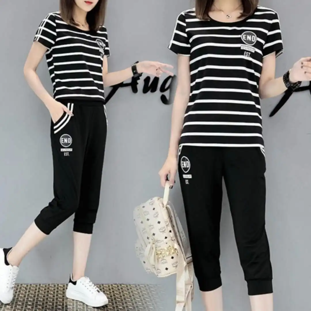 

P04 M- 4xl Summer Large Size Ladies Leisure Suit Loose Stripe Two-piece Women Of 7 Minutes Of Pants Casual Pullover