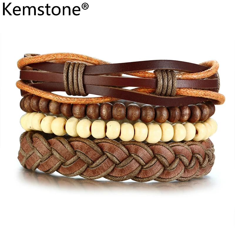 Kemstone Ретро черный/коричневый деревянные бусины ПУ кожа сплав Руль мужской ювелирный браслет подарок