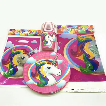 

Unicorn Theme 31pcs/lot Cartoon Baby Shower Child Girls Birthday Party Paper Cups Plates Tablecloth Candy gift bags Supplies