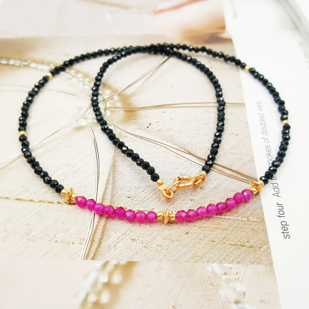 

Lii Ji Black Spinel 2mm Lab-created Ruby Necklace Natural Gemstone 925 Sterling Silver Gold Plated Choker Necklace 40cm