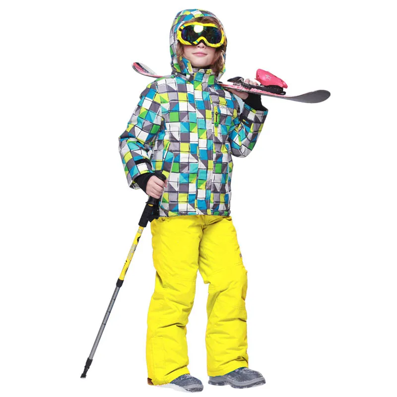 Лыжные комплекты для мальчиков с детектором; зимние водонепроницаемые и ветрозащитные детские лыжные куртки; Детские уличные теплые спортивные костюмы с капюшоном для сноуборда - Цвет: Fluorescent yellow