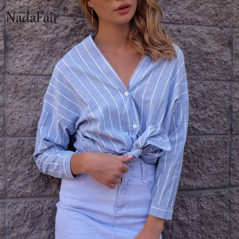 

Nadafair womens tops and blouses fashion loose striped shirts women autumn v neck long sleeve sexy blouse female office wear