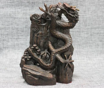 

xd 002543 Chinese Pure Red Bronze Feng shui Fly Dragon coiled mountain Lucky statue