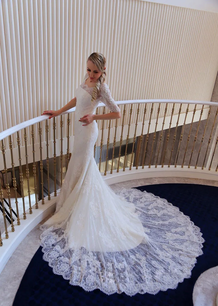 

White Court Train Half Sleeve Appliques Mermaid Cheap Lace Wedding Dress Dubai Arabic Sofuge Gelinlik 2019 Boho Suknia Slubna
