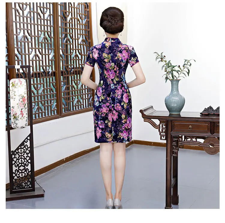 Sheng Coco/женские фиолетовые бархатные Qipao Cheongsam Короткие мини платья элегантный китайский стиль 4XL осеннее бархатное классическое Qi Pao платье