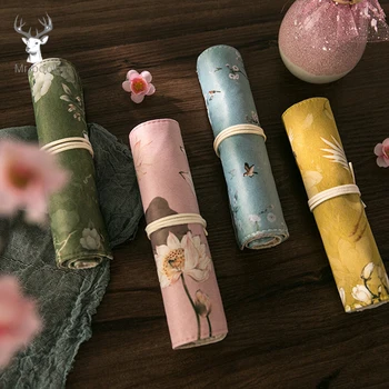 

Chinese Style Retro Lotus Flower White Crane Pencil Bag School Office Pencil Case Cosmetic Storage Bags Organizer Girls Gifts