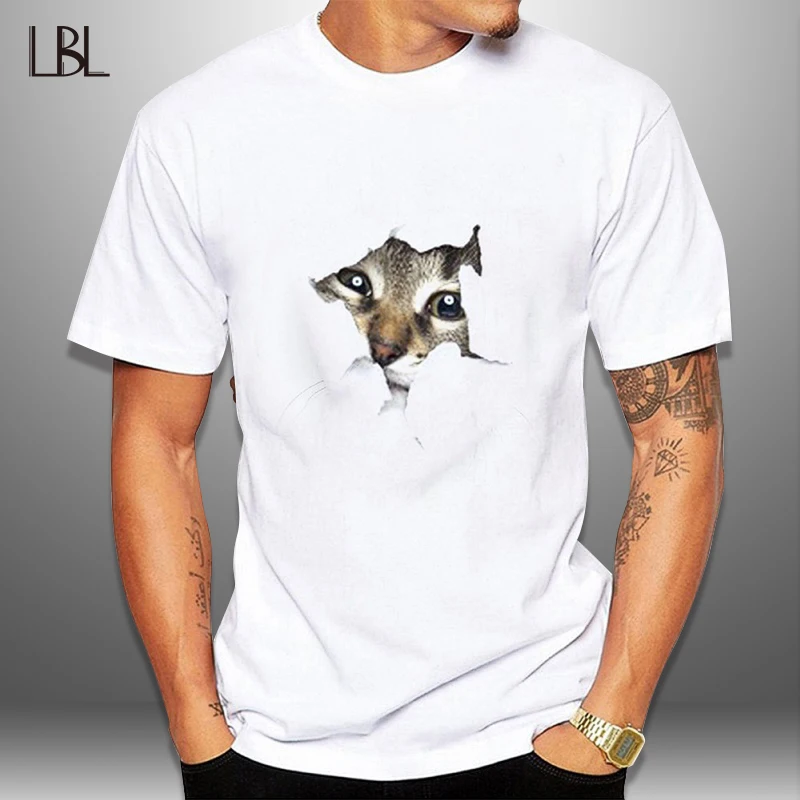 

LBL Funny T shirt Men Summer Short Sleeve Mens Thirts 3D Cat Broken Paper Tee Man Women Casual Brand Clothing Top Animal Print