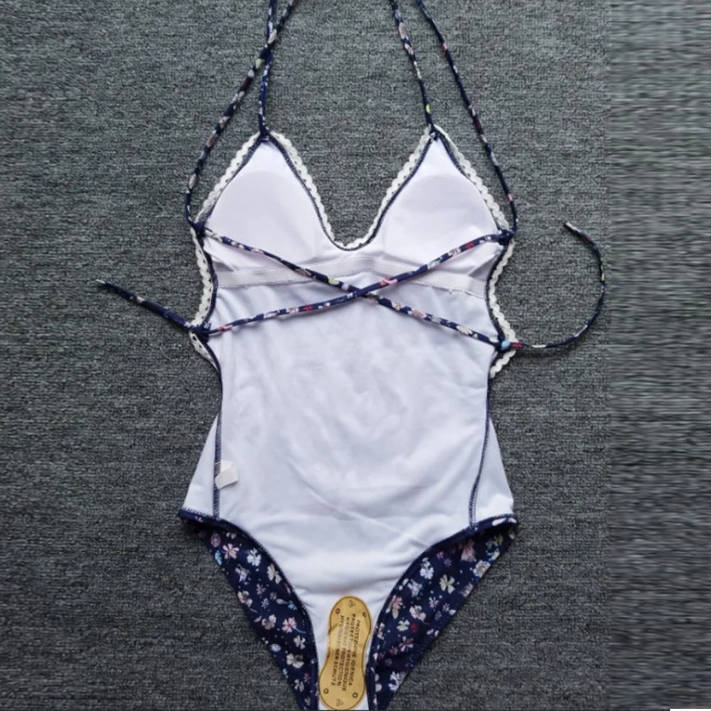 One Piece Sexy Random Flower Woemn Bikini Deep V Neck Pleated Swimwear Cross Criss Tie Back Bathing Suits Size Swimsuit XL 3